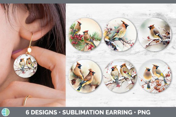Christmas Cedar Waxwing Round Earring Illustrations