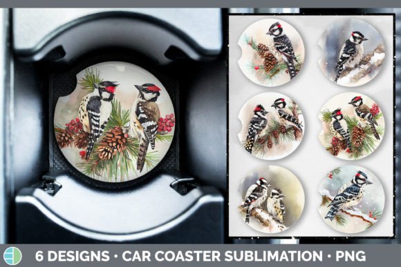Christmas Downy Woodpecker Car Coaster Illustrations