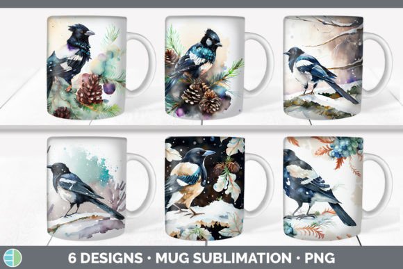 Christmas Magpie Mug Sublimation Illustration