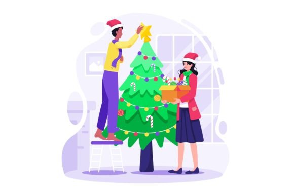 Decorating Christmas Tree Illustration for Branding and Packaging