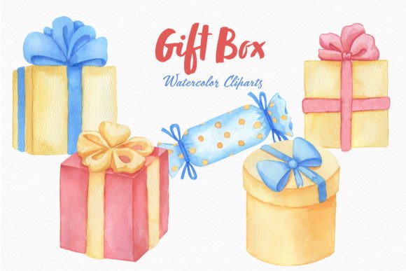 Gift Box Christmas Watercolor Clipart for Local Branding
