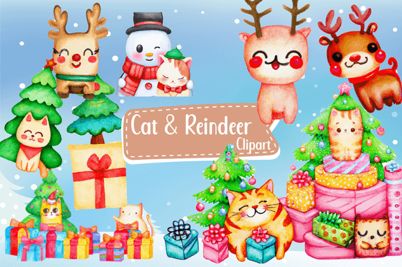 Watercolor Cat Christmas Reindeer Tree Illustration